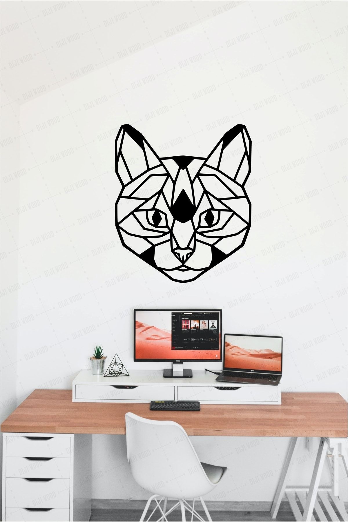 Geometrik Kedi Figürlü Dekoratif Tablo Ahşap Duvar Süsü